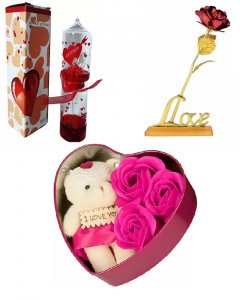 Gift in valentine \/ love meter , dark pink heart box and red rose with stand for your girlfriend or boy friend multicolor